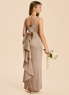 Azazie Emi Junior Taupe Sheath Bow Stretch Satin Dress image1