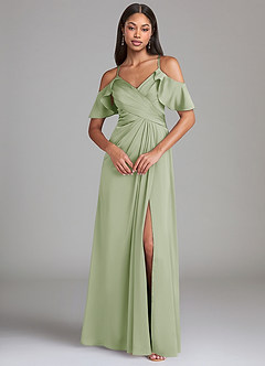Azazie Dakota Robes de demoiselle d'honneur Robe Trapèze en Satin extensible Épaule décolletée Vert Sauge image3