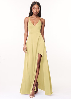 Azazie Maksim Bridesmaid Dresses Lemon Sorbet A-Line V-Neck Stretch Satin Dress image1