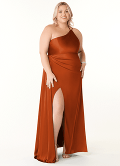 Azazie Maron Bridesmaid Dresses Burnt Orange A-Line One Shoulder Stretch Satin Dress image16
