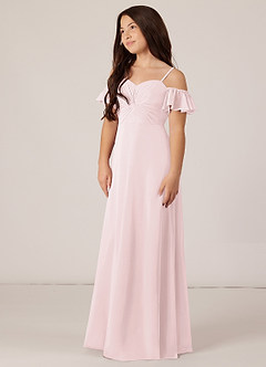 Azazie Juna Junior Robe Trapèze en Mousseline de soie Épaule décolletée Rose Pâle image3