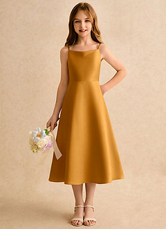 Azazie Jaella Girls Formal Blomsterpigekjoler A-Line Plisseret Mat satin Te-længde Kjole image5