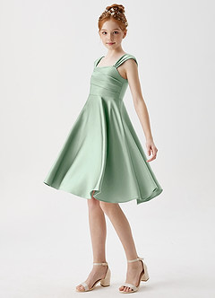 Azazie Amira Junior A-Linie Plissee Stretch-Satin Kleid Agave image4