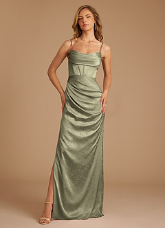 Azazie Mai Bridesmaid Dresses Olive Floral Jacquard Sheath Pleated Floral Jacquard Dress image1
