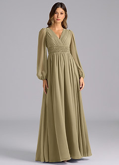 Azazie Palerma Brautjungfernkleider A-Linie Langarm Chiffon Kleid Moosgrün image1