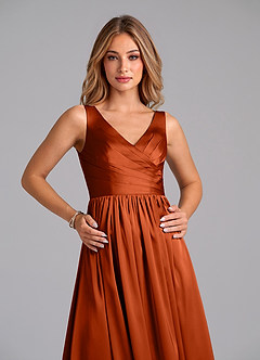 Azazie Keyla Final Sale Paprika A-Line Pleated Stretch Satin Dress image2