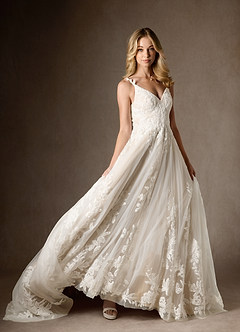 Azazie Delaina Wedding Dresses Diamond White Champagne A-Line V-Neck Sequins Tulle Dress image11