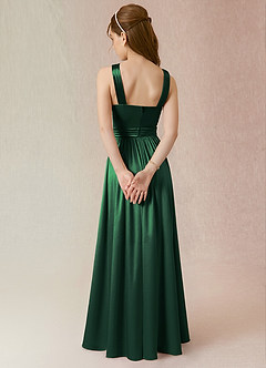 Azazie Jiya Junior Dark Green A-Line Pleated Metallic Satin Dress image2