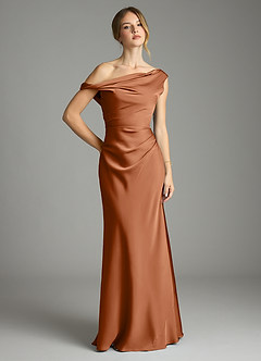 Azazie Emerson Bridesmaid Dresses Copper Mermaid Off the Shoulder Stretch Satin Dress image1