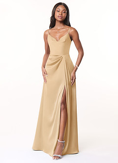 Azazie Brielle Bridesmaid Dresses Gold A-Line Cowl Spaghetti Straps Stretch Satin Dress image1