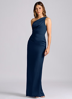 Azazie Akilah Brudtärnklänningar Klä av Sjöjungfru i Stretch Satin Ena axeln Mörk Marinblå image6