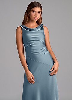 Azazie Nerine Bridesmaid Dresses Dusty Blue A-Line Pleated Stretch Satin Dress image6