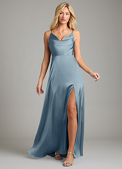 Azazie Sarella Vestidos de damas de honor Vestido de Azul Polvoriento de Satén Elástico de Corte en A con Plisado image6