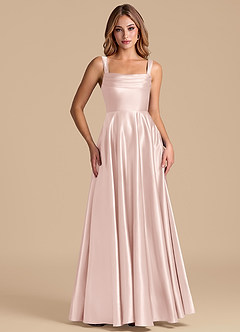 Azazie Shaude 신부 들러리 드레스 A라인 주름진 메탈릭 새틴 바닥 길이 드레스 image5