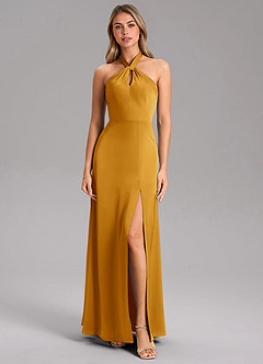 Azazie Tracie Robes de demoiselle d'honneur Robe Trapèze en Satin extensible Fente Latérale Caramel écossais image5