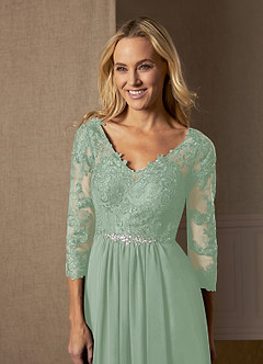 Azazie Hayek At-home Try On Dresses Agave A-Line V-Neck Lace Chiffon Dress image5