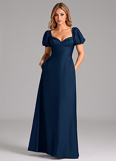 Azazie Fatima Bridesmaid Dresses Dark Navy A-Line Pleated Stretch Satin Dress image3