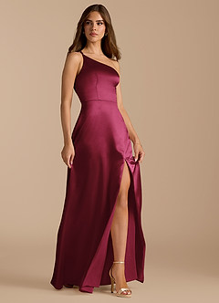 Azazie Trina Bridesmaid Dresses Burgundy A-Line One Shoulder Metallic Satin Dress image6