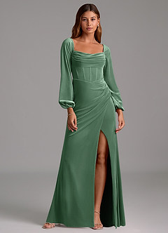 Azazie Charissa Bridesmaid Dresses Eucalyptus Sheath Long Sleeve Velvet Dress image1