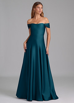 Azazie Seriana Jurken voor bruidsmeisjes Converteerbaar Jurk van Stretch Satijn met A-Lijn Off the Shoulder Inkt Blauw image1