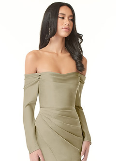 Azazie Hallie Vestidos de damas de honor Vestido de Musgo Verde de Satén Elástico de Corte Recto Convertible con Manga larga con hombros descubiertos image1
