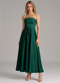 Azazie Lucienne 신부 들러리 드레스 A라인 주름진 스트레치 새틴 발목 길이 드레스 image1