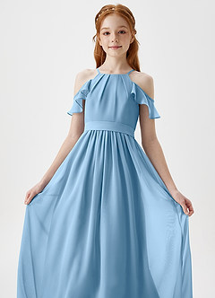 Azazie Chaya Junior Steel Blue A-Line Off the Shoulder Chiffon Dress image1