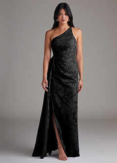 Azazie Mika Bridesmaid Dresses Black Sheath One Shoulder Floral Burnout Dress image1