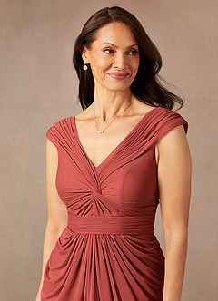 Azazie Lisolette Mother of the Bride Dresses Terracotta Sheath Pleated Mesh Dress image7