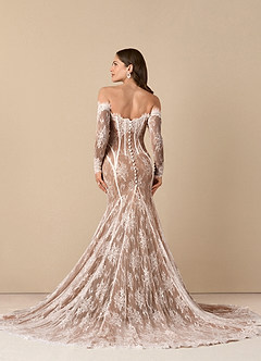 Azazie Katherine Wedding Dresses Diamond White Mocha Mermaid Off the Shoulder Tulle Dress image4