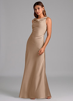 Azazie Nerine Bridesmaid Dresses Taupe A-Line Pleated Stretch Satin Dress image4