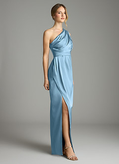 Azazie Emorie Final Sale Steel Blue Sheath One Shoulder Stretch Satin Dress image4