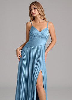 Azazie Vini Brautjungfernkleider A-Linie Plissee Stretch-Satin Kleid Stahlblau image2