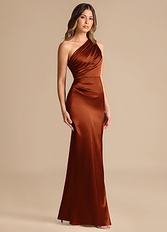 Azazie Akilah Brautjungfernkleider Meerjungfrau-Linie One-Shoulder Metallischer Satin Kleid Rotbraun image3