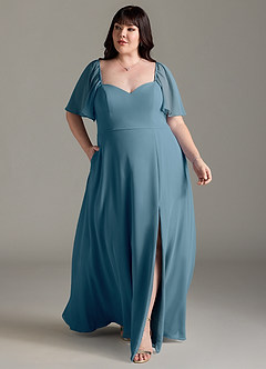Azazie Chloe Brautjungfernkleider A-Linie Herzausschnitt Chiffon Kleid Bermudablau image7