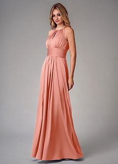 Azazie Bonnie Bridesmaid Dresses Coral A-Line Pleated Stretch Satin Dress image3