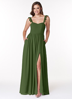 Azazie Metz Brautjungfernkleider A-Linie Herzchen Gerüscht Chiffon Kleid Olivgrün image1