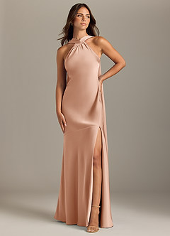 Azazie Kinsley Bridesmaid Dresses Rose Gold Mermaid Side Slit Stretch Satin Dress image1