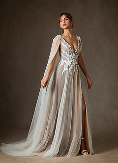 Azazie Goddess Trouwjurken Jurk van Tule met A-Lijn V-hals Pailletten Diamant Wit Mokka image5