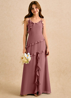 Azazie Lola Girls Formal vestidos de niña de las flores Vestido de Rosa Del Desierto de Gasa de Corte en A con Volante image5
