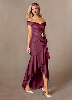 Azazie Billings Mother of the Bride Dresses Mulberry Mermaid Off the Shoulder Stretch Satin Dress image6