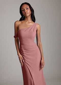 Azazie Madelyn Vestidos de damas de honor Vestido de Rosa Del Desierto de Gasa de Corte Sirena Convertible con Hombro unilateral image4