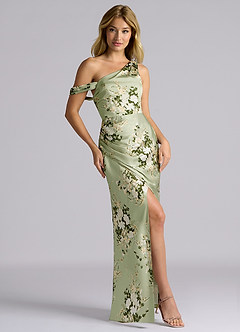 Azazie Madelyn Vestidos de damas de honor Vestido de Enredaderas Florales de Satén Elástico de Corte Sirena Convertible con Hombro unilateral image3
