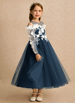 Azazie Lilah Flower Girl Dresses Dark Navy A-Line Lace Tulle Dress image3
