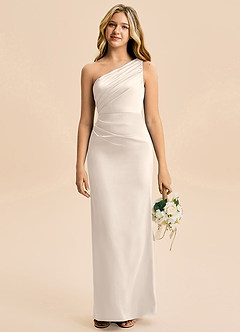 Azazie Akilah Junior White Alabaster Sheath Pleated Stretch Satin Dress image1