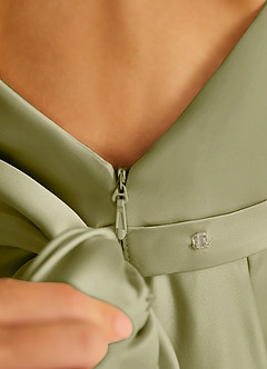 Azazie Pipsy Robe Demoiselle D'honneur Fillette Robe Trapèze en Mat Satiné Arc Vert Mousse image6