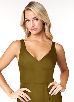 Azazie Jess Final Sale Dusty Blue Sheath V-Neck Stretch Satin Dress image6