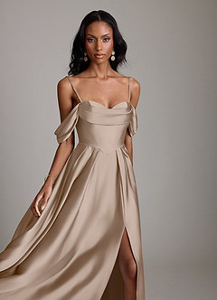 Azazie Loisa Bridesmaid Dresses Taupe A-Line Off the Shoulder Stretch Satin Dress image3