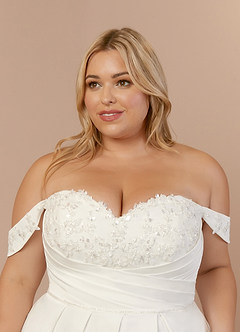 Azazie Joya Wedding Dresses Diamond White A-Line Off the Shoulder Crepe Back Satin Dress image14