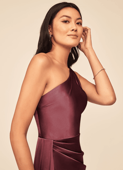 Azazie Maron Bridesmaid Dresses Merlot A-Line One Shoulder Stretch Satin Dress image6